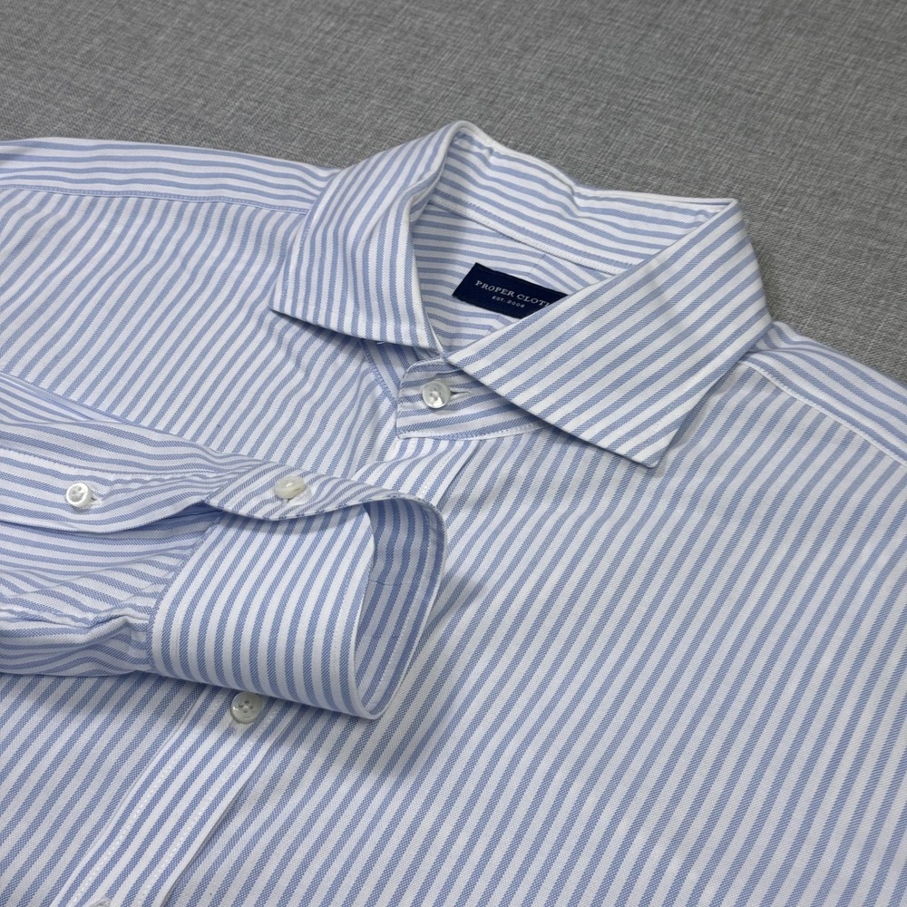 Proper Cloth Dress Shirt Mens 18.5 Blue Striped Point Collar Long Sleeve‎